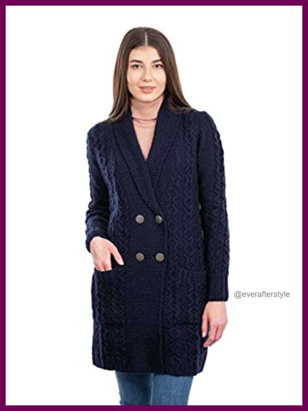 100% Irish Merino Wool Shawl Collar Cardigan Coat with Pockets Cable Knit